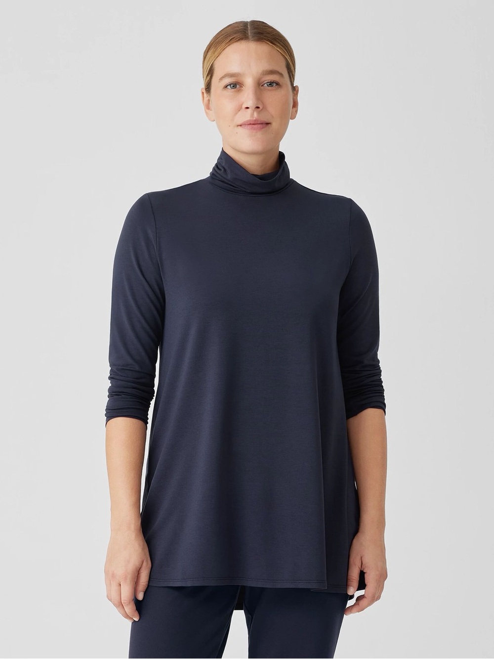 Eileen Fisher Long Turtleneck Silk Blend Knit Sweater Navy Blue Size Small x